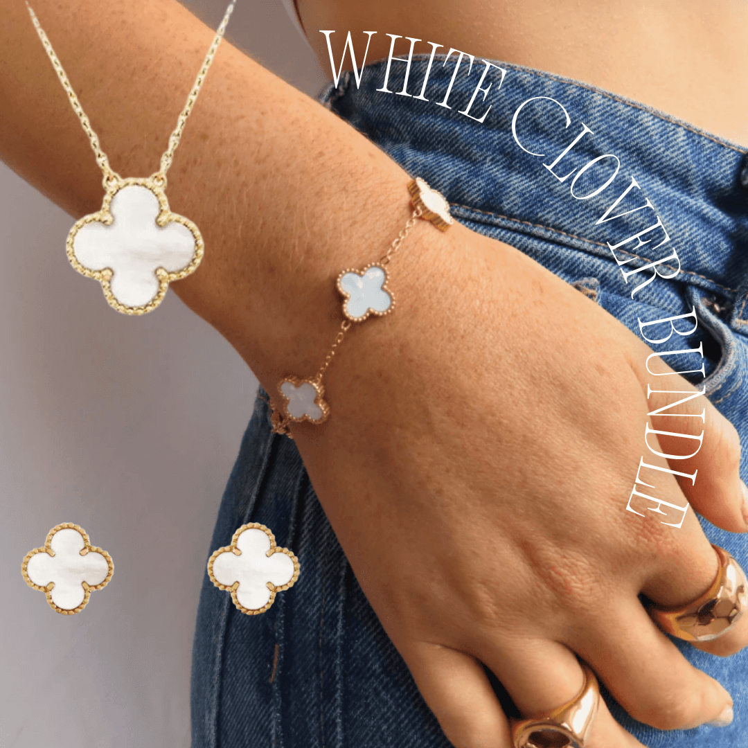 Save big on the White Clover collection by buying in a bundle Includes White Clover Earrings, White Clover Necklace and White Clover Bracelet Save €13.85 vs. buying them separately P.S. If its a gift, don&